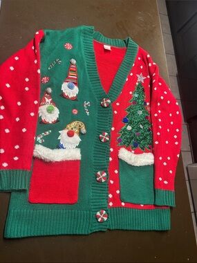 Holiday Time Red and Green Gnome & Christmas Tree Holiday Cardigan Sweater